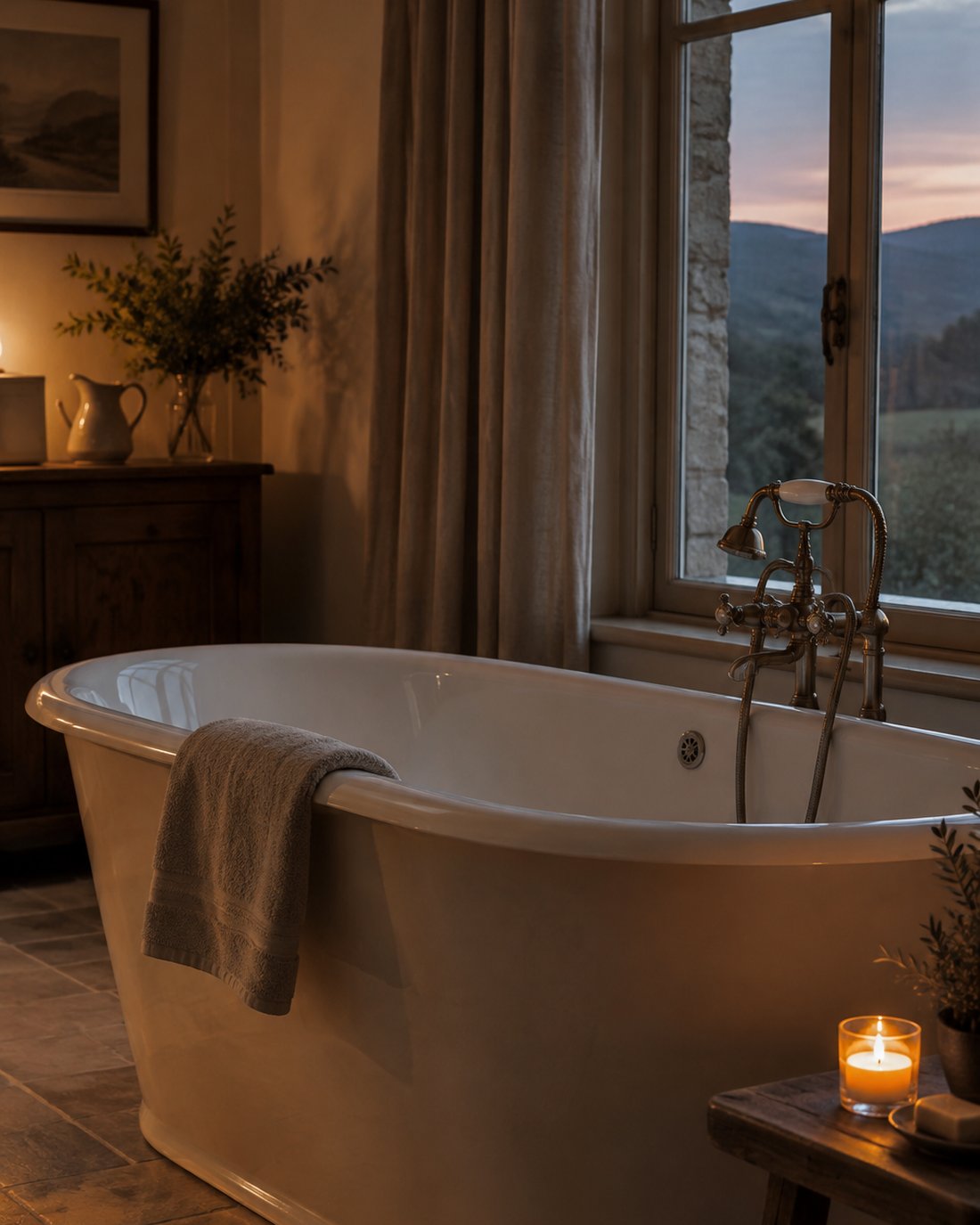A deep bath beside a window at dusk, a candle lit, hills outside