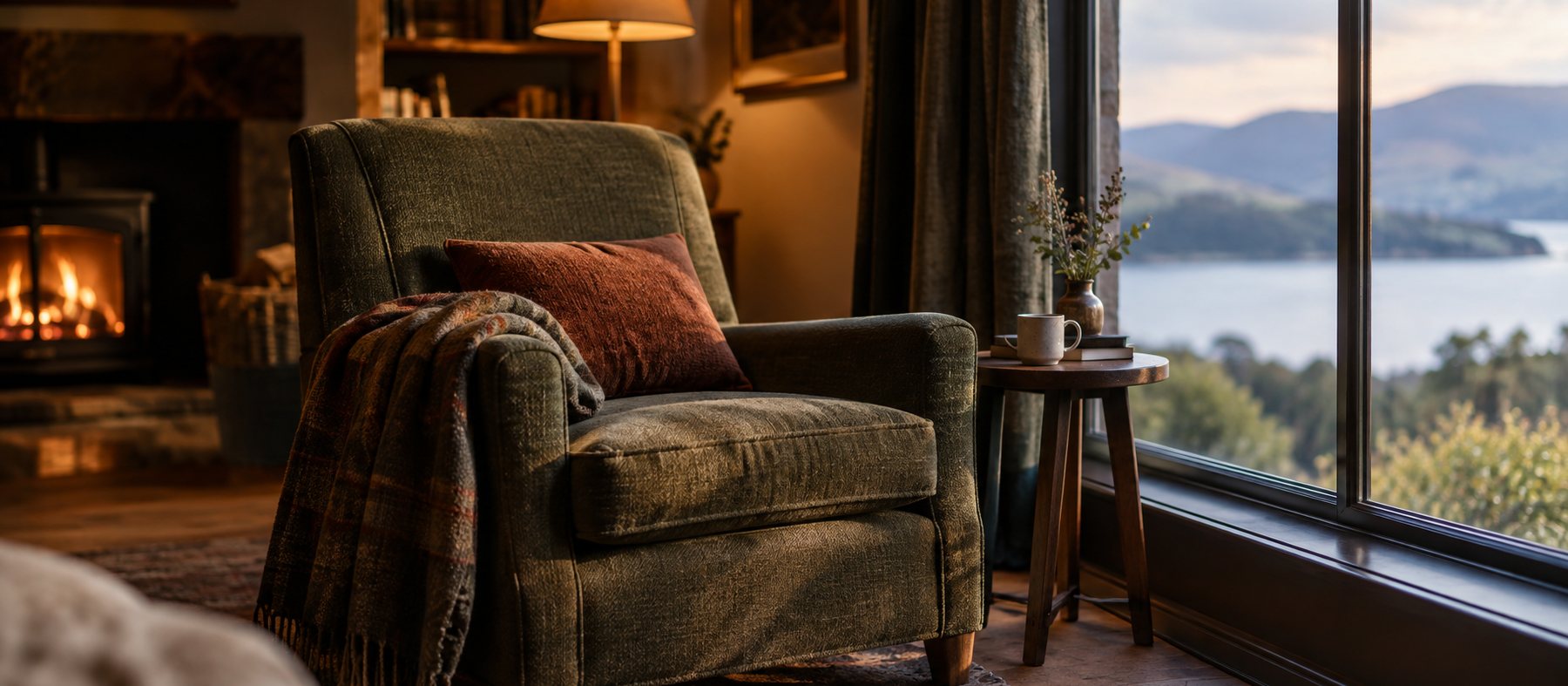 An empty armchair beside a window, a fire lit, hills and water beyond
