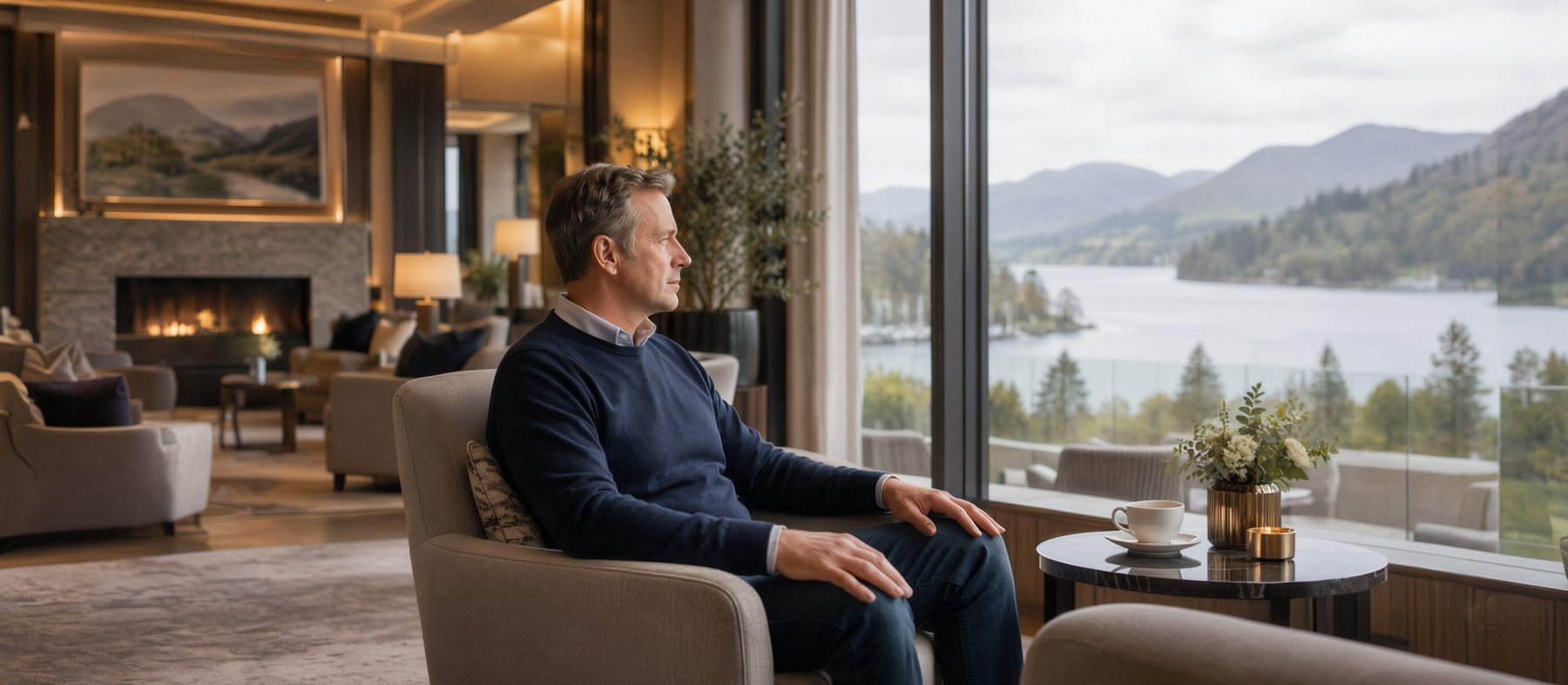 A man sitting alone in a quiet lounge, looking out across a lake to the fells beyond